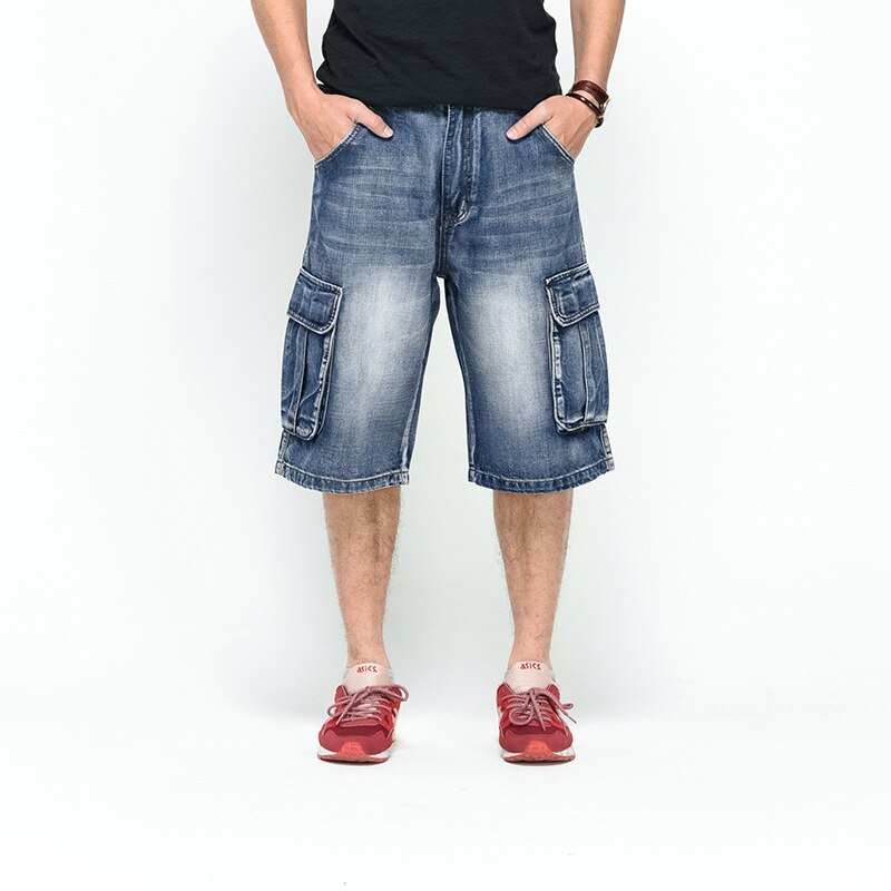 LOVZON-Vaqueros cortos holgados de talla grande para hombre, ropa de calle a la , pantalones Capri largos de Hip Hop, Bermudas de bolsillo, azul, 3/4