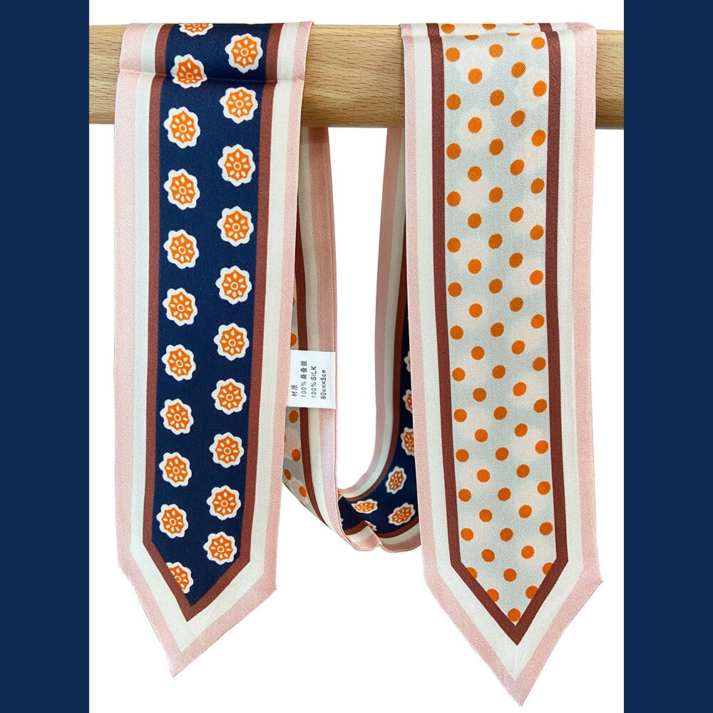 High Natural Silk Skinny Scarf Women Necktie Female Neckscarf Bag Decor Ribbon Long Narrow Neck Tie Scarves for Women: Flower and dot B