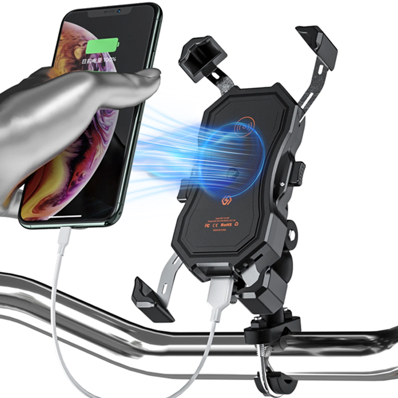Soporte para teléfono móvil de motocicleta, cargador inalámbrico y cargador USB QC3.0, soporte de montaje en manillar de navegación GPS, carga inalámbrica Qi