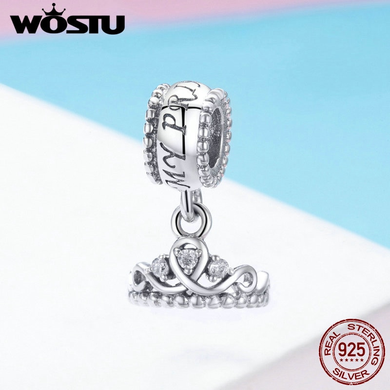 WOSTU Genuine 925 Sterling Silver Romantic Princess Crown Dangle Charms fit Silver Bracelet Necklace DIY Jewelry Making CQC739