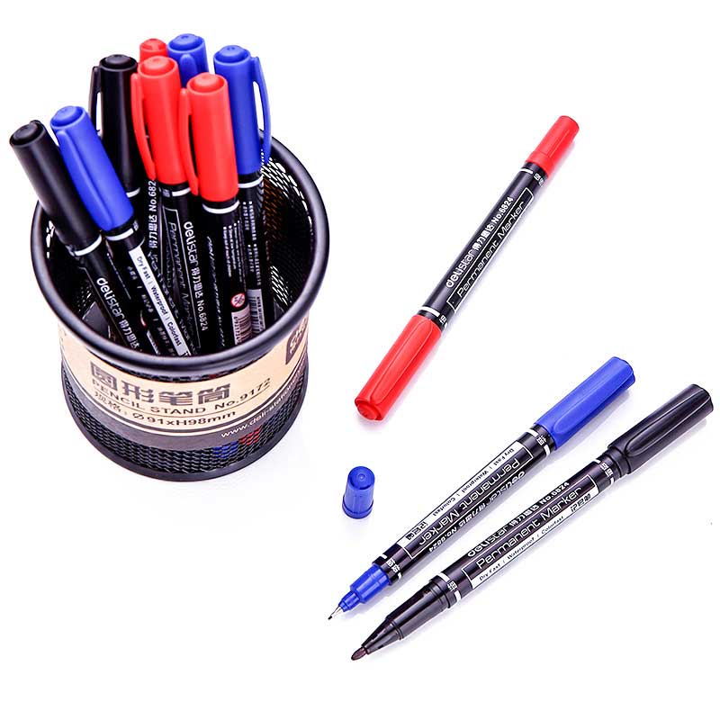 3 unids/set marcador permanente de doble punta negro/azul/rojo rotulador de punta fina impermeable para escuela suministros de oficina papelería para estudiantes
