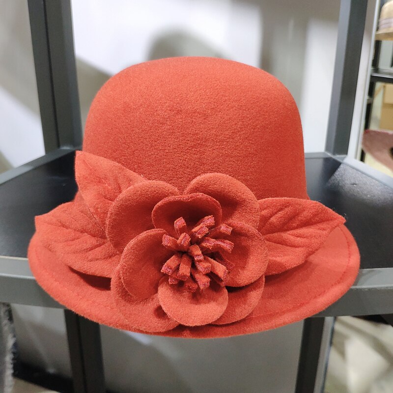 Chapeau Fedora en laine pour femmes, chapeau seau à fleurs texturées, , en forme de dôme, à la , automne hiver: Rust red