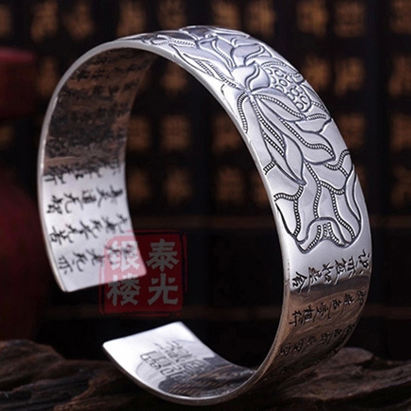 Lotus sutra sølvbelagt farve armbånd tibetanske buddhistiske skrifter sprog kvinde bred hånd smykker amulet armbånd