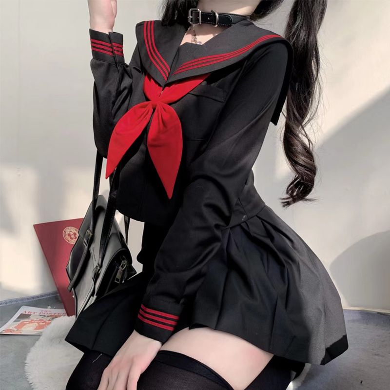 Japan echte Schuluniform Anzug Seemann JK Basic Cartoon Mädchen Marine Seemann Uniform schwarz setzt Marine Kostüm Frauen Mädchen Kostüm: M / Black