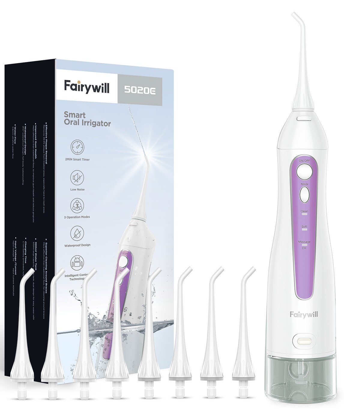 Fairywill Elektrische Schall- Zahnbürste &Ampere; Wasser Flosser USB Ladung Wasserdichte 5 Modi 3 Pinsel Köpfe Zahnbürsten Zähne Reiniger: 5020E-Violett