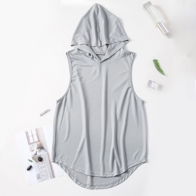 Sport Vest Mannen Zomer Sneldrogende Losse Fitness Fietsen Basketbal Training Hooded Fitness Vest: Gray / M