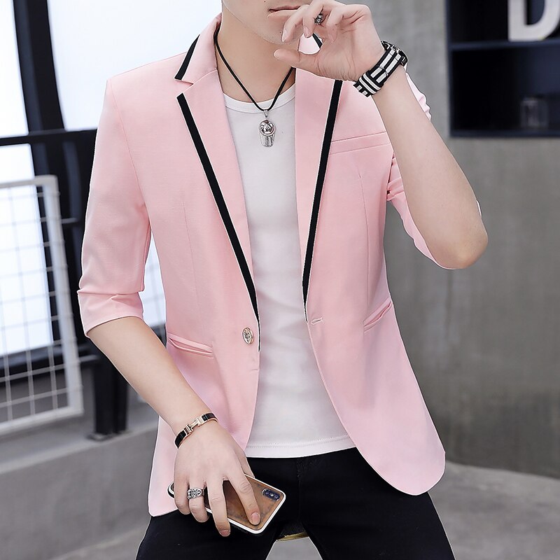 Ungdom blazer herre slim fit blazer masculino mandlig turn-down krave halværmede blazere herre casual blazer jakke mand: Lyserød / M