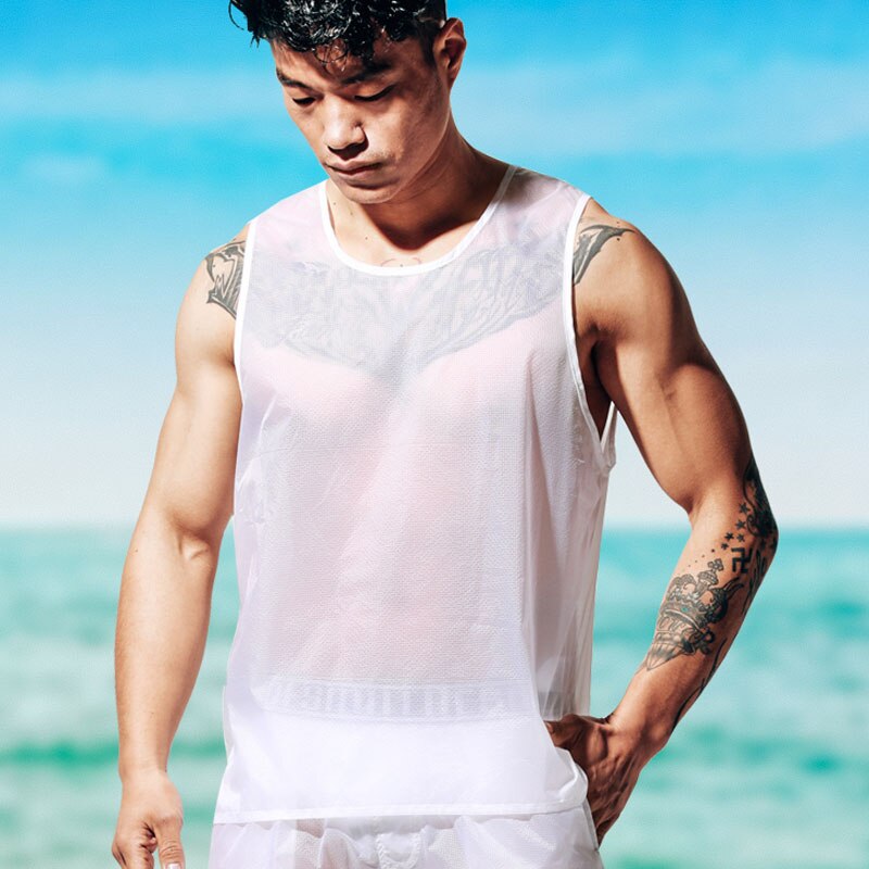 Chaleco transparente para hombre Desmiit, camiseta sin mangas de secado rápido para vacaciones en la playa, camiseta sin mangas ultrafina para deportes acuáticos: Blanco / XL