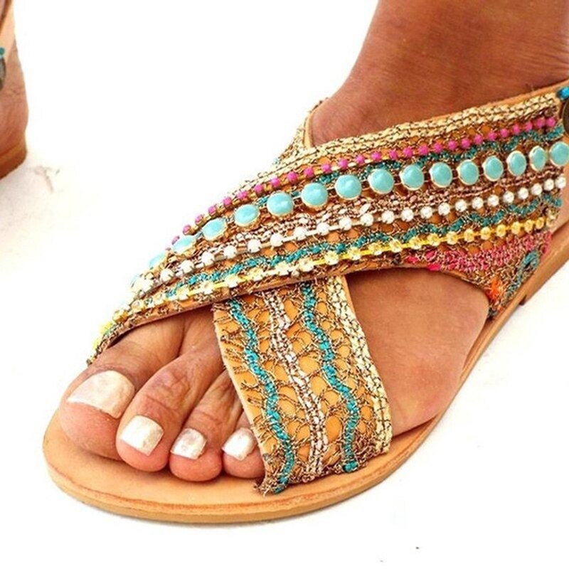 Sandálias femininas de verão com alça cruzada com miçangas sandálias planas estilo étnico estrangeiro boêmio sapatos de praia feminino sandalias sapatos mais tamanho