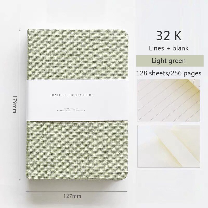 Blank and Grid Paper Notebook Linen Hard Cover 256 Pages Paper 80 GSM Journal Planner Office School Supplies Stationery: Light green-32k