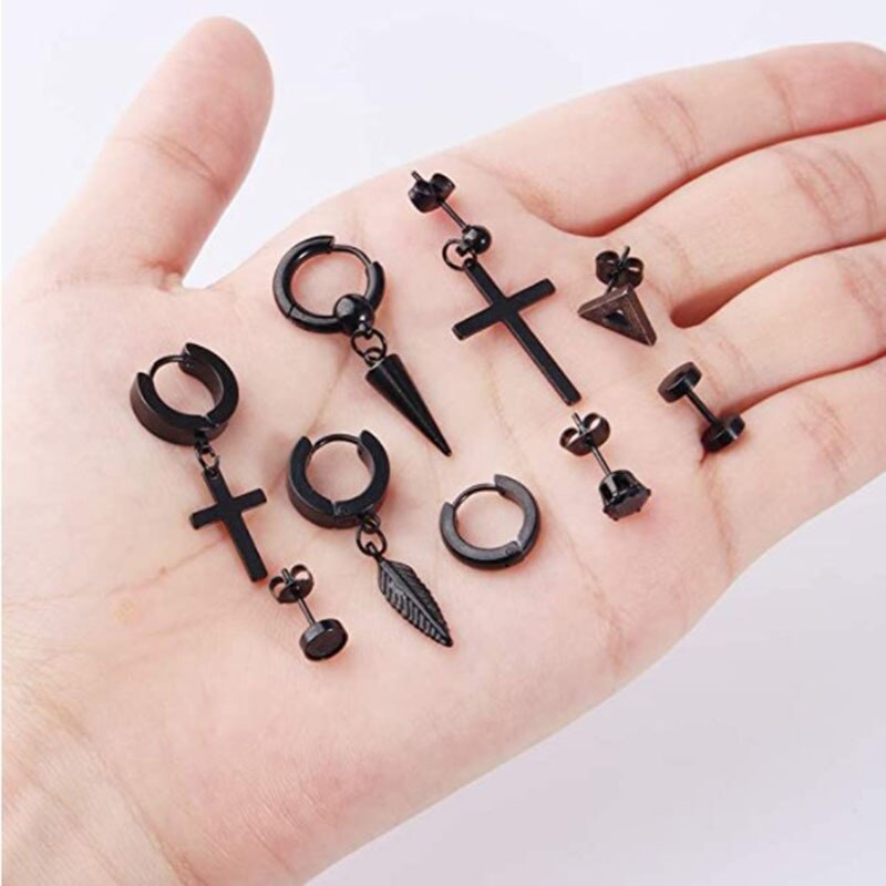 12 par øreringe sæt til mænd sorte øreringe herre øreringe sorte hoop øreringe rustfrit stål smykker piercinger til mænd