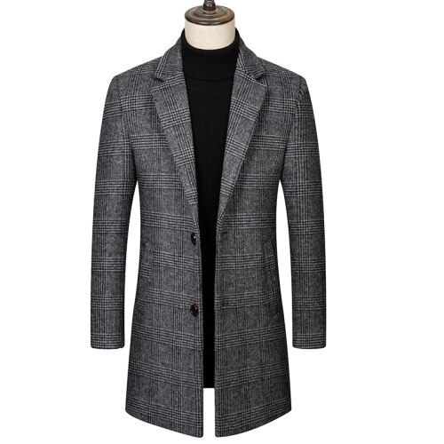 Allthemen Wintermantel voor heren, knielang, twee-rijig, wollen jas, winter, lange herenmantel, slim fit, zwart, zaken, grijs, L