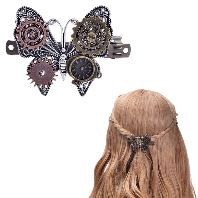 Steampunk Haar Accessoires Vintage Handgemaakte Metalen Haar Clips Haarspelden Haarspeldjes Gear Vlinder Klok Decoratie Voor Vrouwen