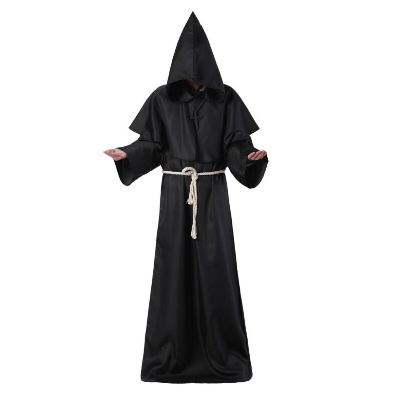Halloween Monk Hooded Robes Cloak Cape Friar Medieval Renaissance Priest Men Robe Clothes Comic Con Party Cosplay Costume: Black / S