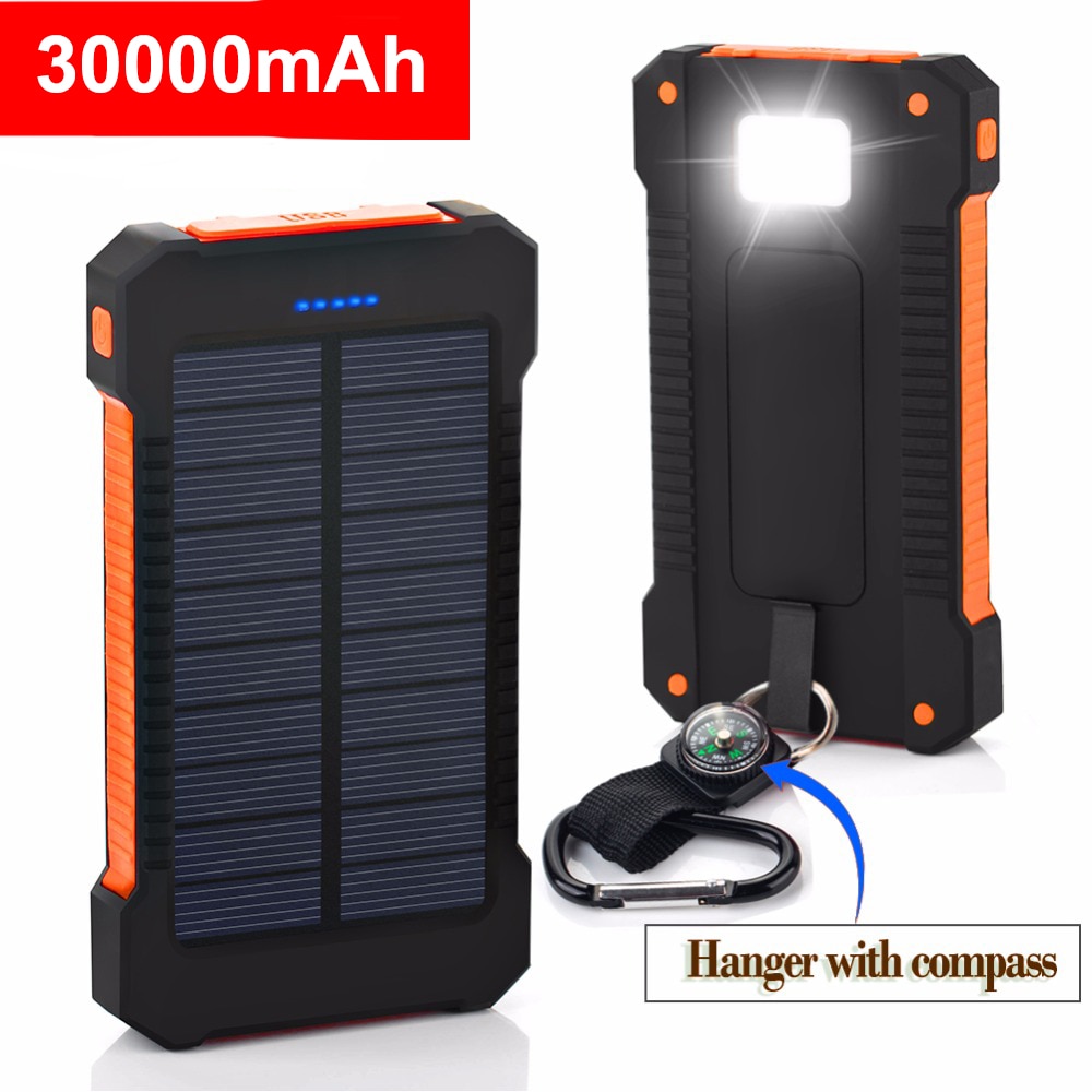 Banco de energía Solar de 30000mAh, Banco de energía Solar impermeable, USB Dual, LED, portátil, cargador de batería externa, Banco de energía para teléfonos