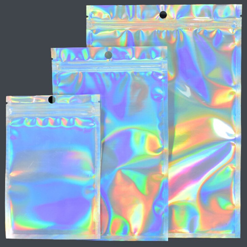100 stücke Flache Zip-Lock Beutel Paket Tasche Holographische Ziplock Taschen Bad Salz Kosmetik Tasche Mini Aluminium Folie Taschen Make-Up zipper Tasche