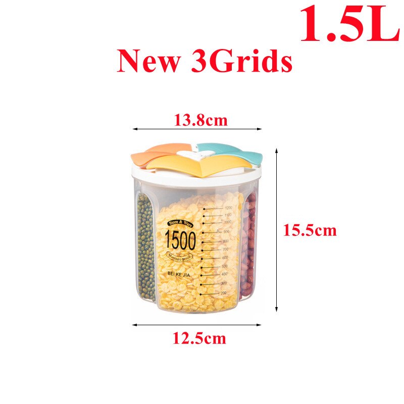 1.5/2/2.5/3L Plastic Food Storage Container with Lid Kitchen Storage Box Refrigerator Noodle Multigrain Jars Home Food Container: New 3grids-1500ml