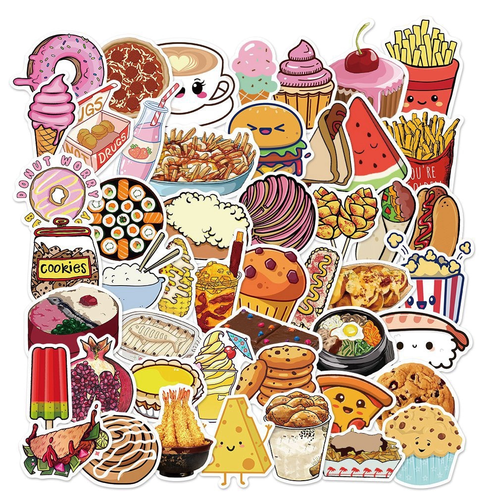 10/30/50Pcs Leuke Voedsel Burger Fries Gourmet Stickers Bagage Laptop Waterdicht Stickers Decoratieve Stickers