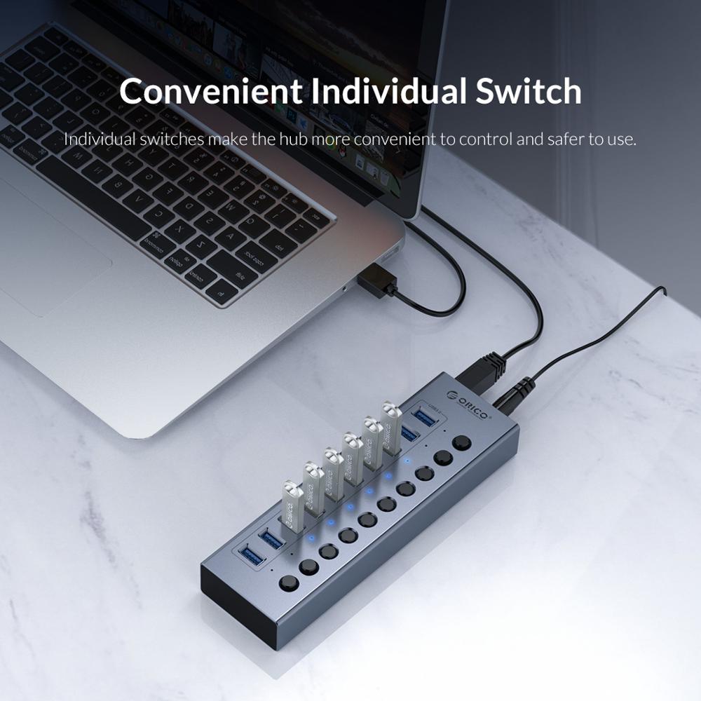ORICO Industrial USB 3.0 HUB 7/10 Port Aluminum USB Splitter On/Off Switch With 12V Power Adapter Support Charging for Computer