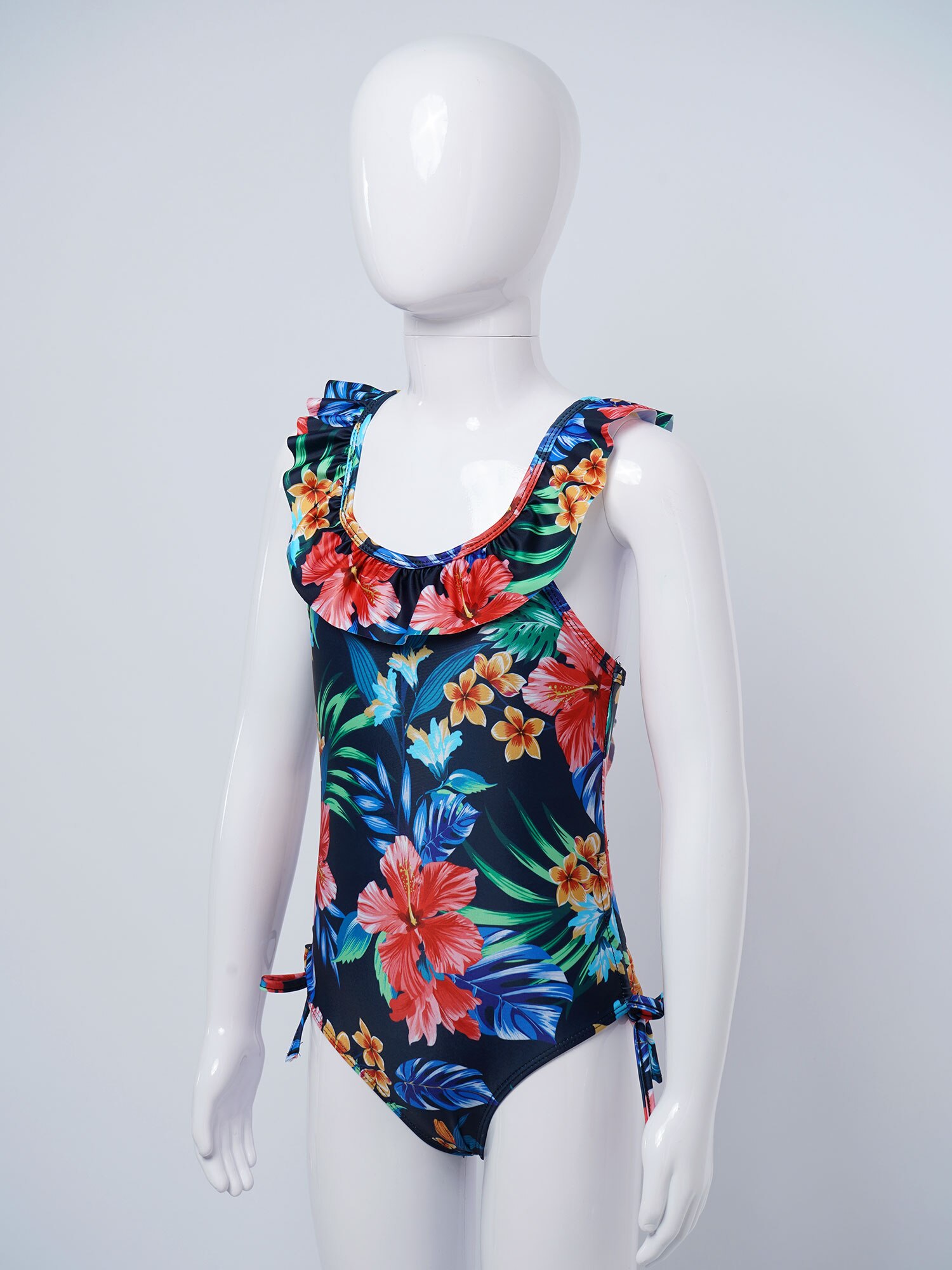 Kids Girls One-piece Beachwear Floral Pattern Ruffle U Neck Spaghetti Straps Leotard Swimsuit Beach Swimwear Bathing Suits