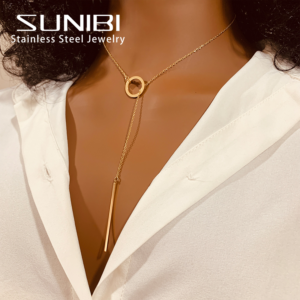 SUNIBI-collares con colgante de barra Vertical para mujer, cadena Lariat larga Simple de acero inoxidable, collar colgante minimalista, de joyería