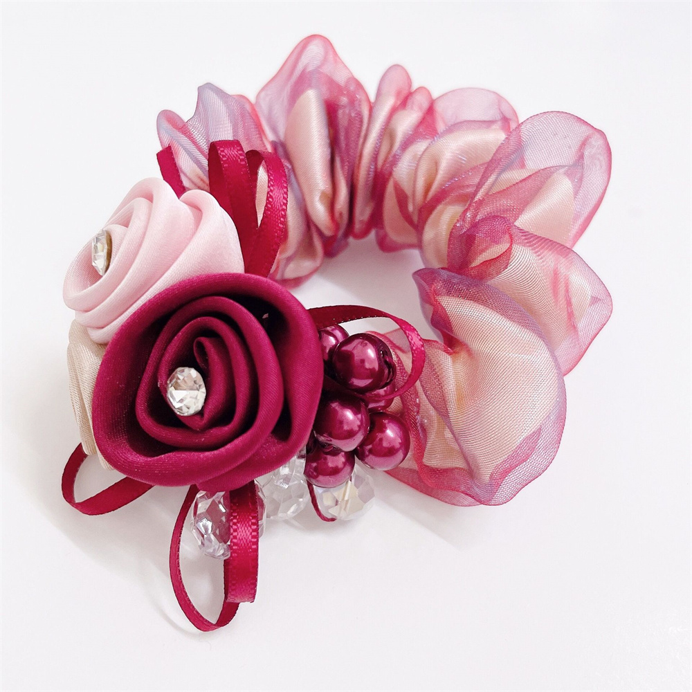 coreana, cuerda para el cabello con perlas, banda para el cabello con flores rosas, lazos para el cabello con diamantes de imitación, banda de goma, joyería para el cabello, accesorios para el cabello para mujer