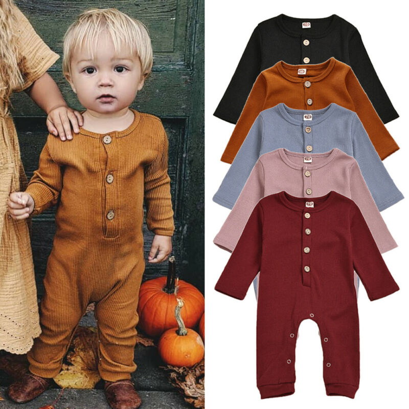 Infant Baby Girl Boy Romper Clothes Solid Button Long Sleeve Knitted Romper Jumpsuit Overall Outfits