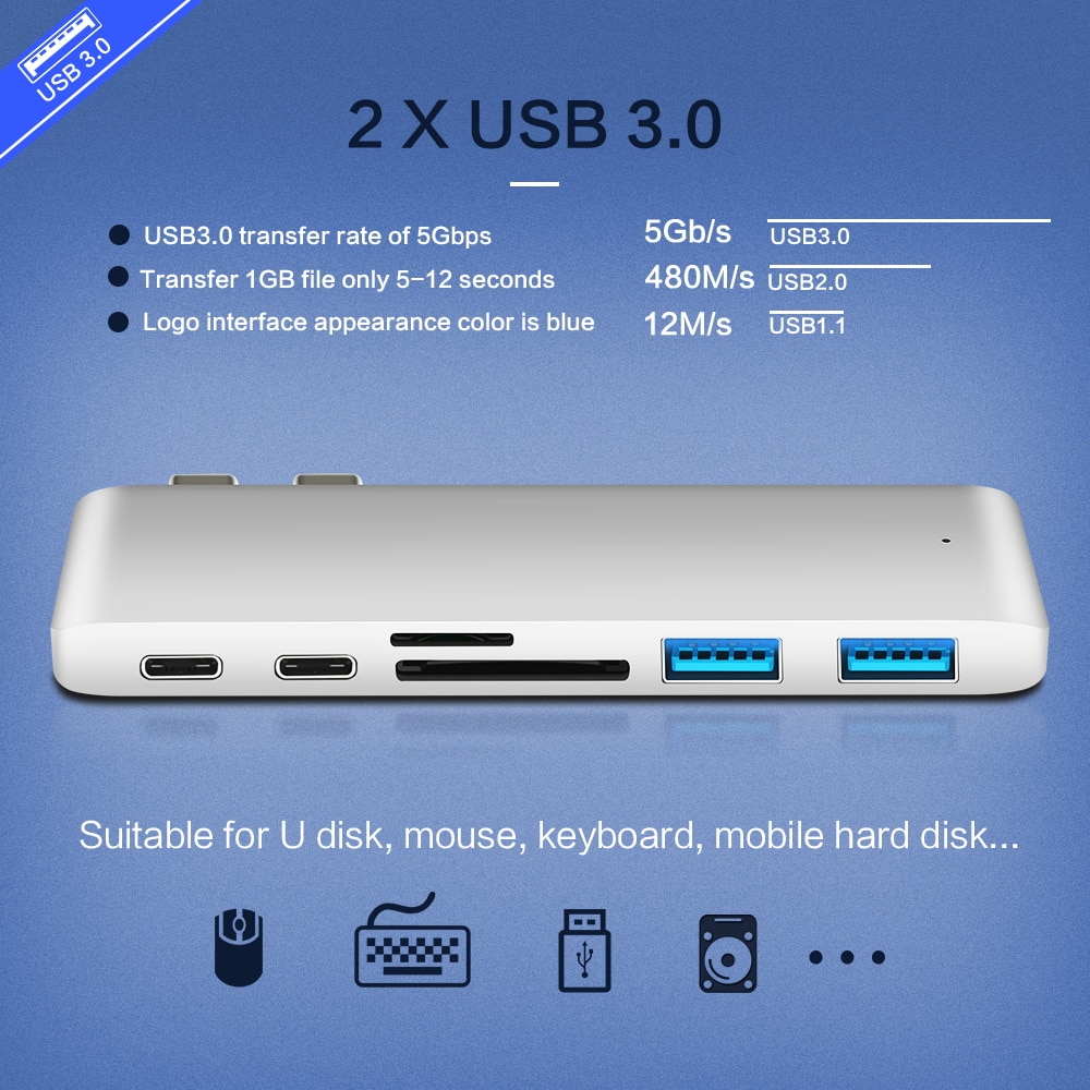 Usb c hub thunderbolt 3 med usb 3.0 adapter til opladning type c hub til type c med tf sd-kort datalæsning til macbook pro