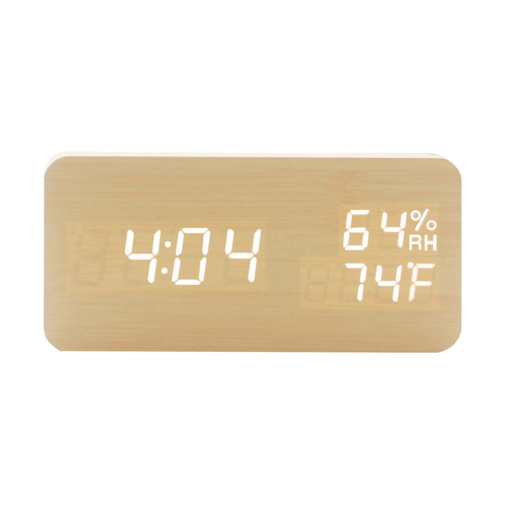 Wooden Block Digital LED Clock Multifunction Electronic Alarm Clocks Voice Control Temperature and Humidity Clock: Bamboo Wood