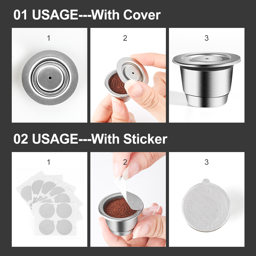 ICafilasICafilas 4pcs/Sets Stainless Metal Reusable For Nespresso Capsule With Press Coffee Grinds Tamper Espresso Coffee Maker