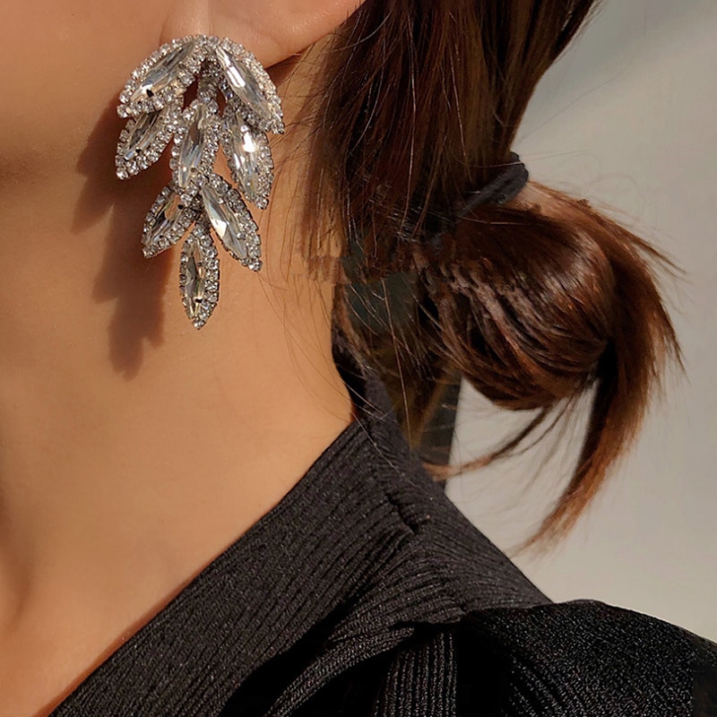 Aensoa trendy krystalblade store lange øreringe til kvinder skinnende luksus blade rhinsten brude bryllup smykker