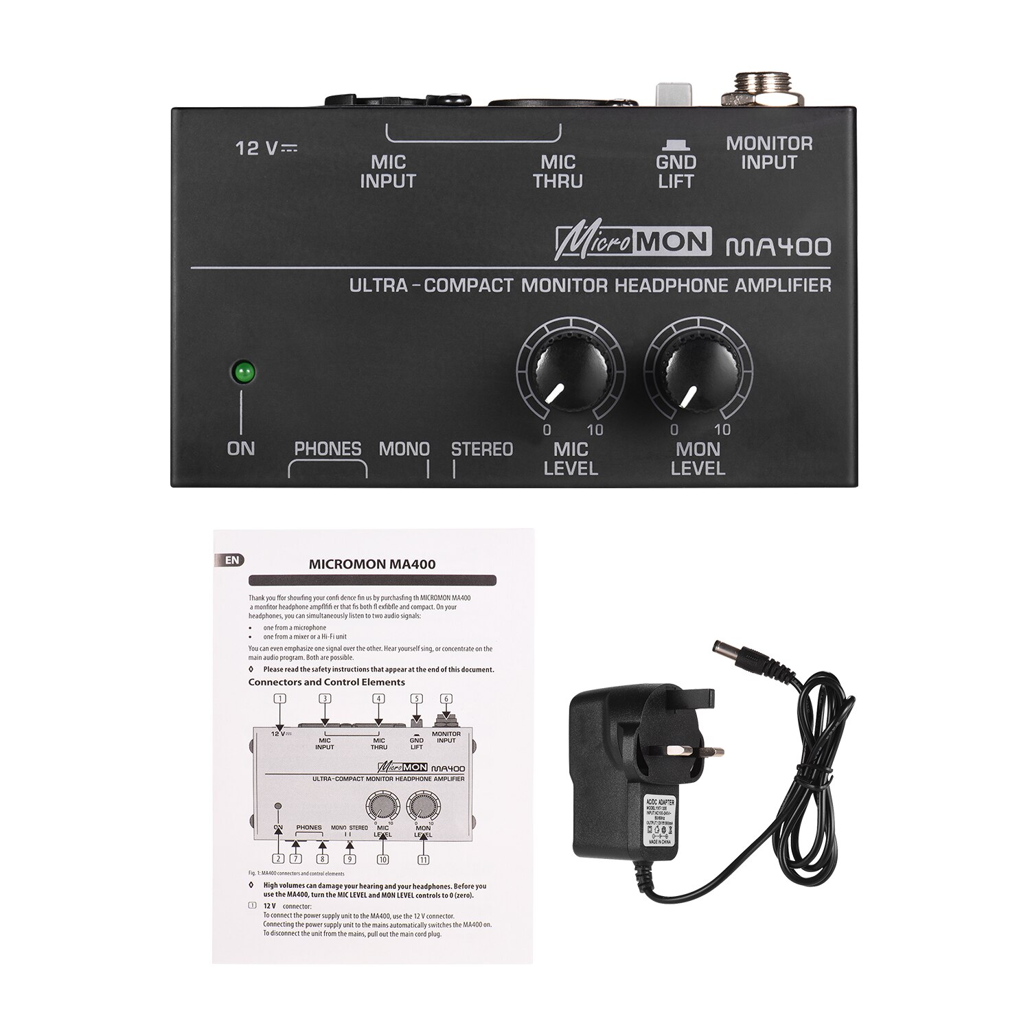 Ultra-Compact Monitor Headphone Amplifier Amp with XLR Microphone Monitor Input 6.35mm & 3.5mm Headphone Outputs Volume Controls: UK Plug