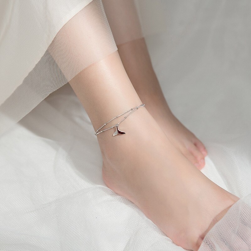 MIQIAO 925 Sterling Silver Whale Tail Anklet Chain Women Simple Delicate Girl Double Foot Ornament Bracelet On The Leg For Lady