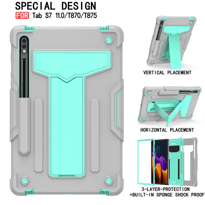 For Samsung Galaxy Tab S7 S 7 T870 T875 11 inch Case Kids Safe Hybrid Stand Full Body Silicon Hard Plastic Kickstand Cover Funda: Grey Green