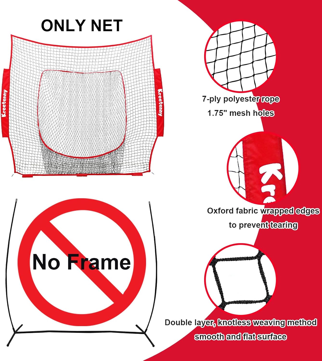 Filet de remplacement de baseball (NET SEULEMENT), filet d'entraînement de softball de baseball 7'×7' pour frapper le bâton, attraper le lancer