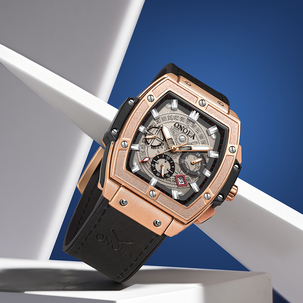 Relojes de lujo a la con clásico en forma de barril para hombre ONOLA, reloj de cuarzo de cuero informal resistente al agua multifuncional para hombre