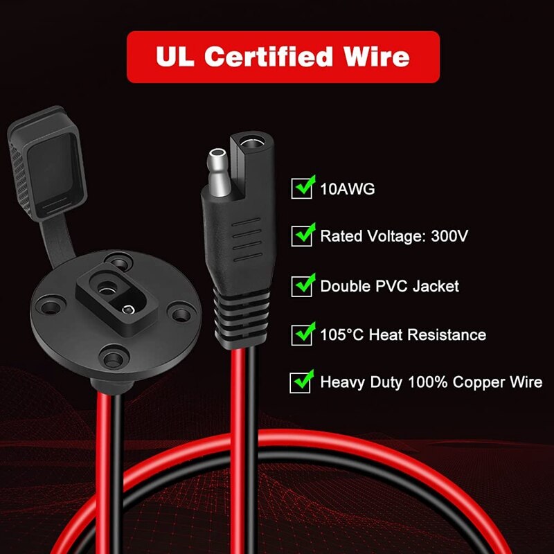 SAE Power Socket Side Wall Port 10AWG Solar Panel Flush Mount Connector Plug Cable for Solar Generator Battery Charger