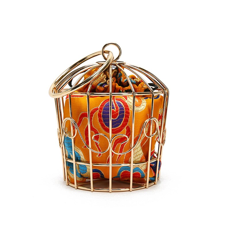 Women's Birdcage Evening Bag Clutch Metal Frame Embroidery Bucket Bird Cage Mini Totes Ladies Purses Female Gold Tassel Handbags: Yellow
