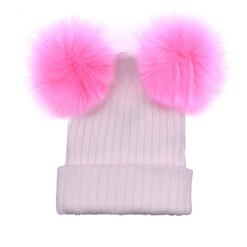 Gorro con pompón de pelo para niña y mujer, 2 pompones, sombreros de invierno de mujer, gorro de lana tejida de algodón, gorra gruesa de mujer: White And Pink