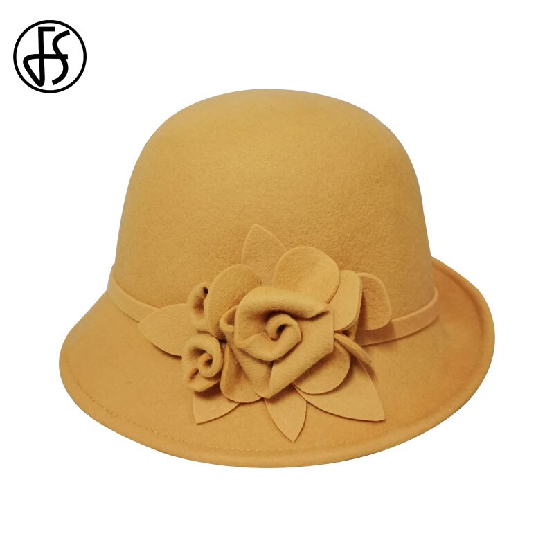 Fs 100%  australiansk sort uldfilt fedora hatte til kvinder vintage bred skygge vinterkirke cloche derby hat fedoras bowler cap: Gul uldhat