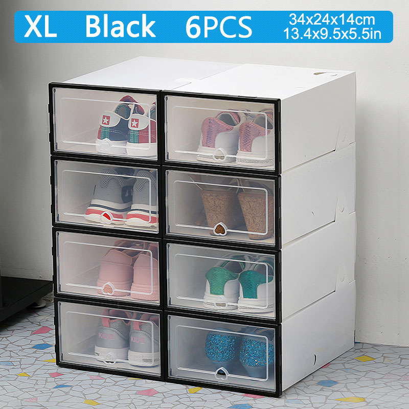 6pcs transparent shoe box thickened transparent dustproof shoe storage box can stacked combination shoe cabinet shoe organizer: 34X24X14cm   BLACK6
