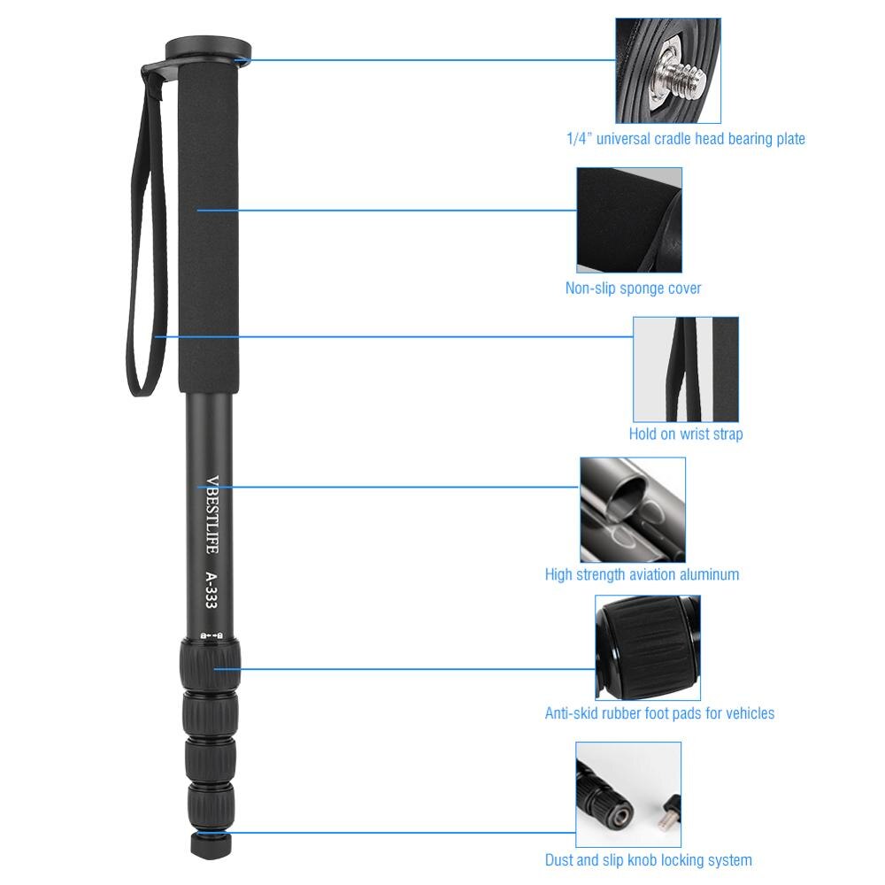 Lightweight Telescopic 5 Sections Camera Unipod Monopod 3D anti-skid bearing platform telescopic a hand strap hiking pole