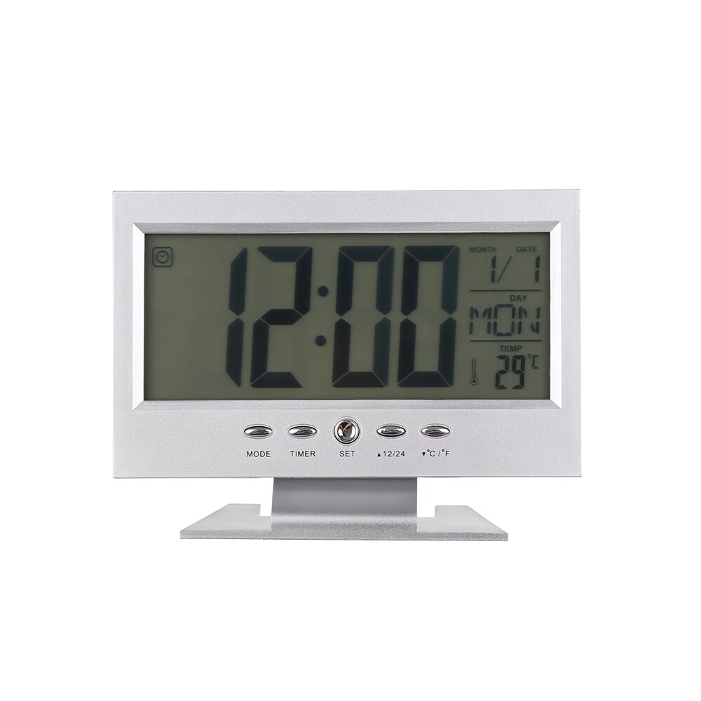 1PC Digitale Wekker LCD Display Kalender Voice Control Snooze Modus Thermometer Temperatuur Timer Desktop Ornament: Zilver