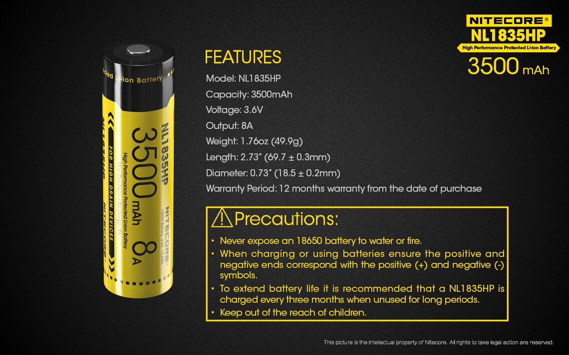 Nitecore NL1835 NL835HP rechargeable battery 18650 3.6V Li-ion 3500mAh Output 8A/2A