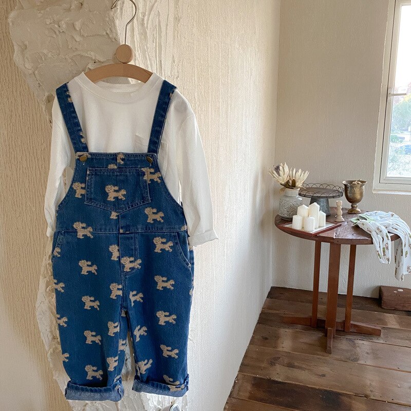 Monos de mezclilla con dibujos de perros para niños y niñas, pantalones informales holgados con tirantes, unisex, Primavera
