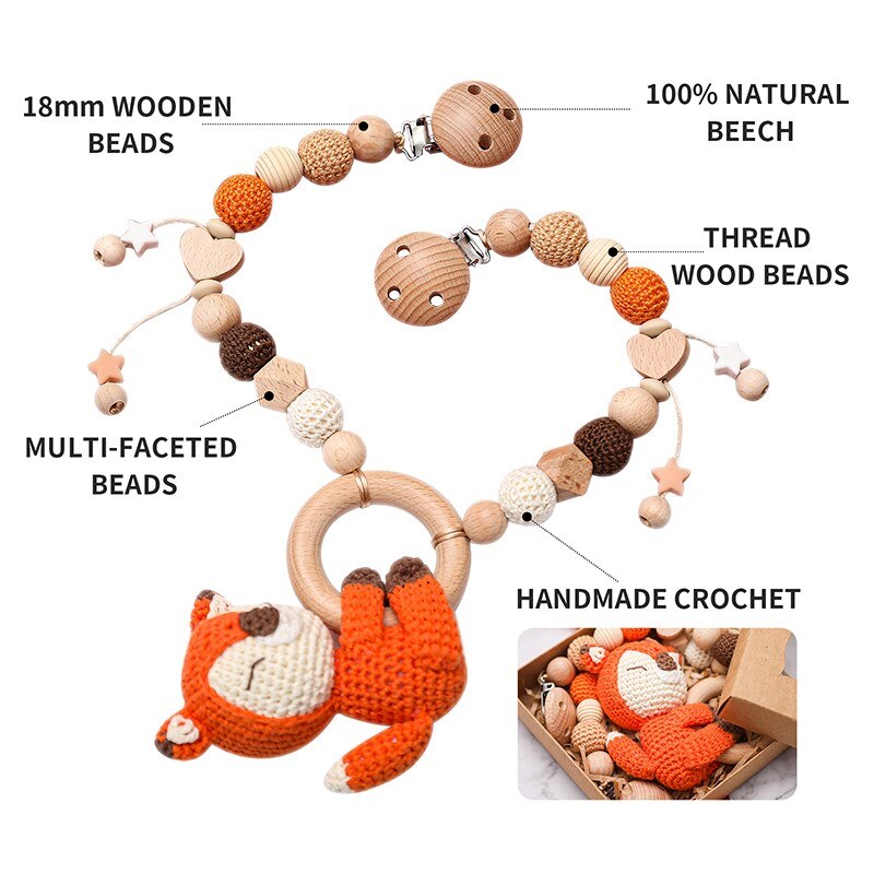 Cartoon Dier Wandelwagen Speelgoed Houten Kinderwagen Clip Speelgoed Gehaakte Rammelaar Ketting Mobiele Houder Dummy Clip Speenketting Voor Baby Cadeau