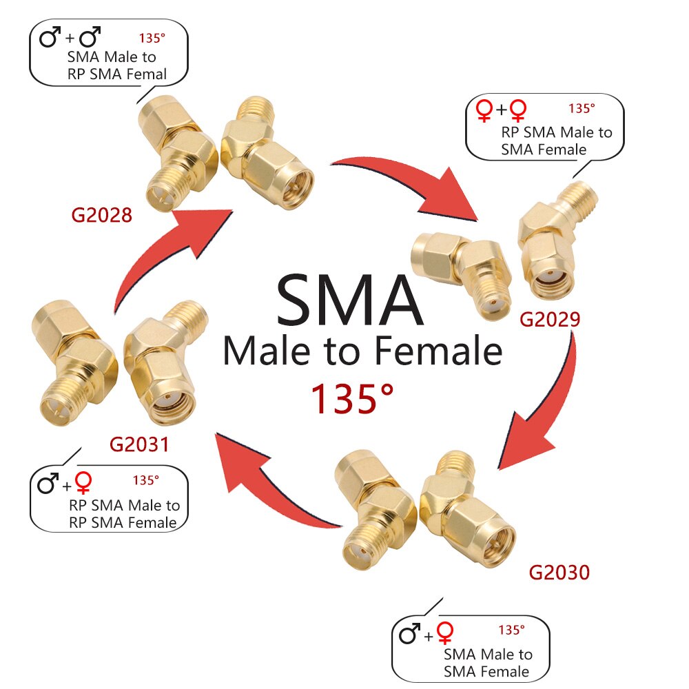 Conector SMA a SMA macho hembra RP SMA a SMA macho RPSMA, convertidor de adaptador RF de 3 vías de ángulo recto
