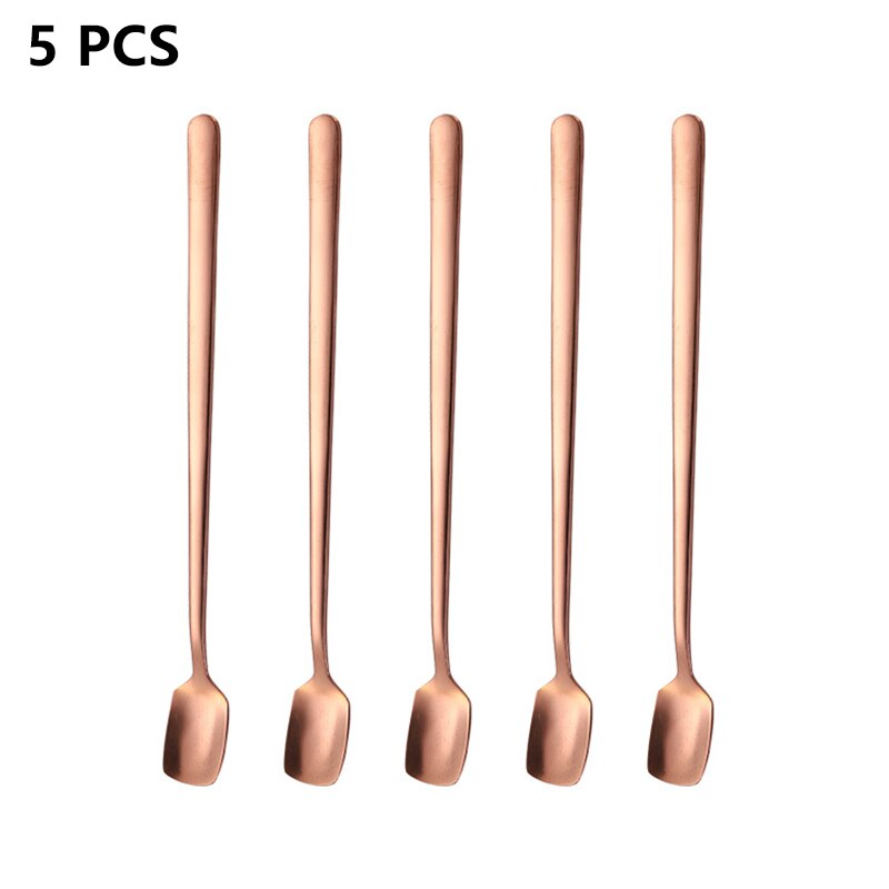 1/5PCS Square-Headed Teaspoon Long Handle Stainless Steel Coffee Stirring Spoons Dessert Ice Cream Mini Scoop Kitchen Tableware: 5PCS-rose gold
