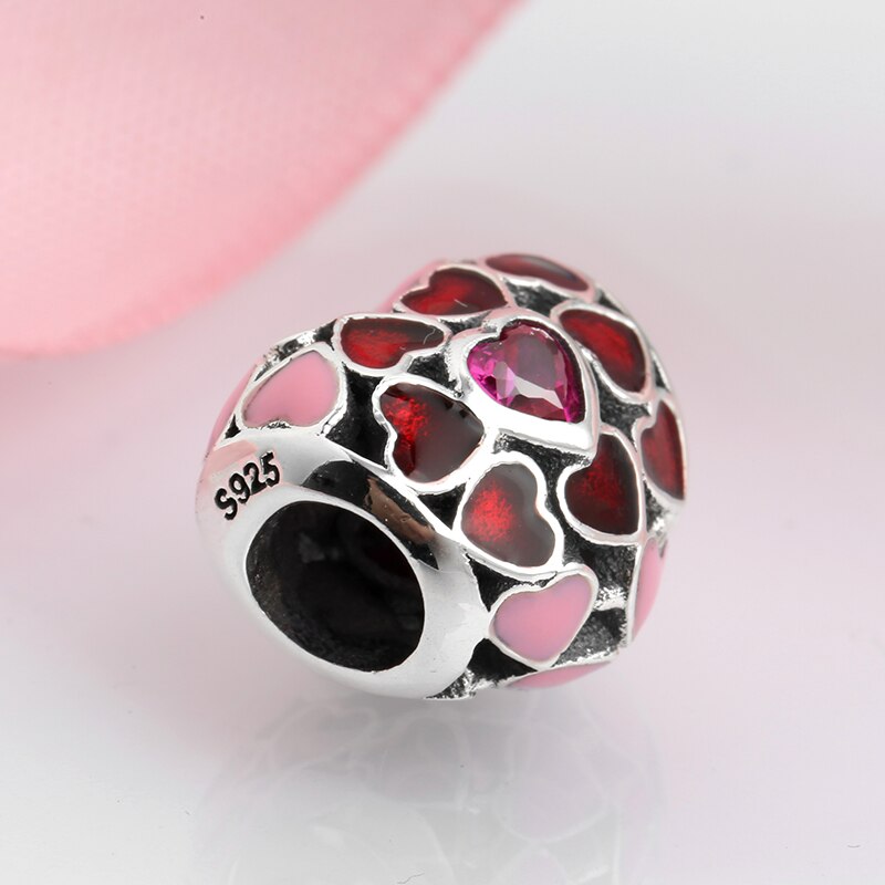 Vendita calda 925 sterlina d'argento rosso cuore zirconi Misura branelli Originale JIUHAO Pendenti E Ciondoli Dei Monili Del Braccialetto