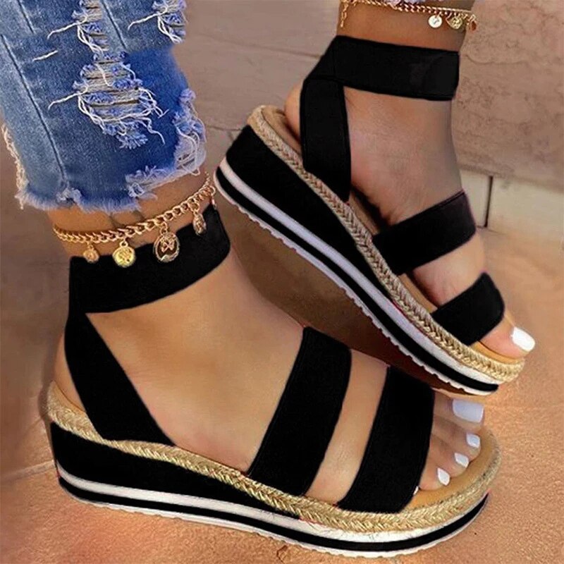 Sandales femmes compensées plate-forme couleur bonbon dames chanvre chaussures dames été décontracté sans lacet sangle croix Cool filles grande taille